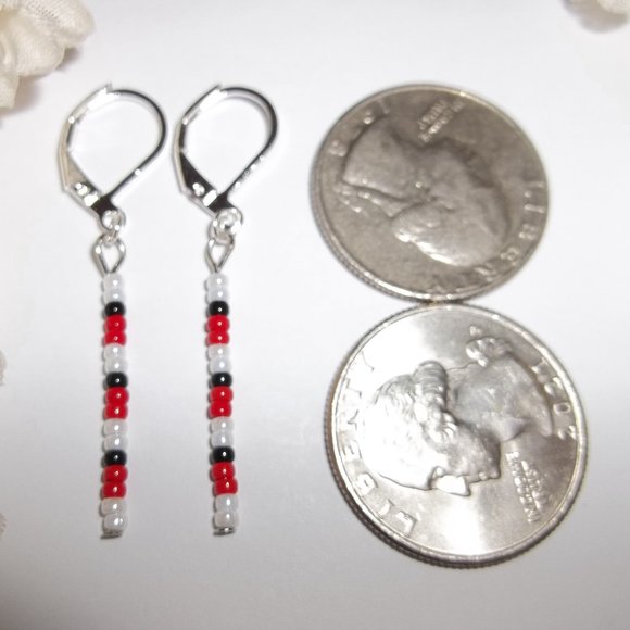 Linear Seed Bead Drop Earring Minimalist Sleek White Pearl Black Red Set A725 - Picture 3 of 9